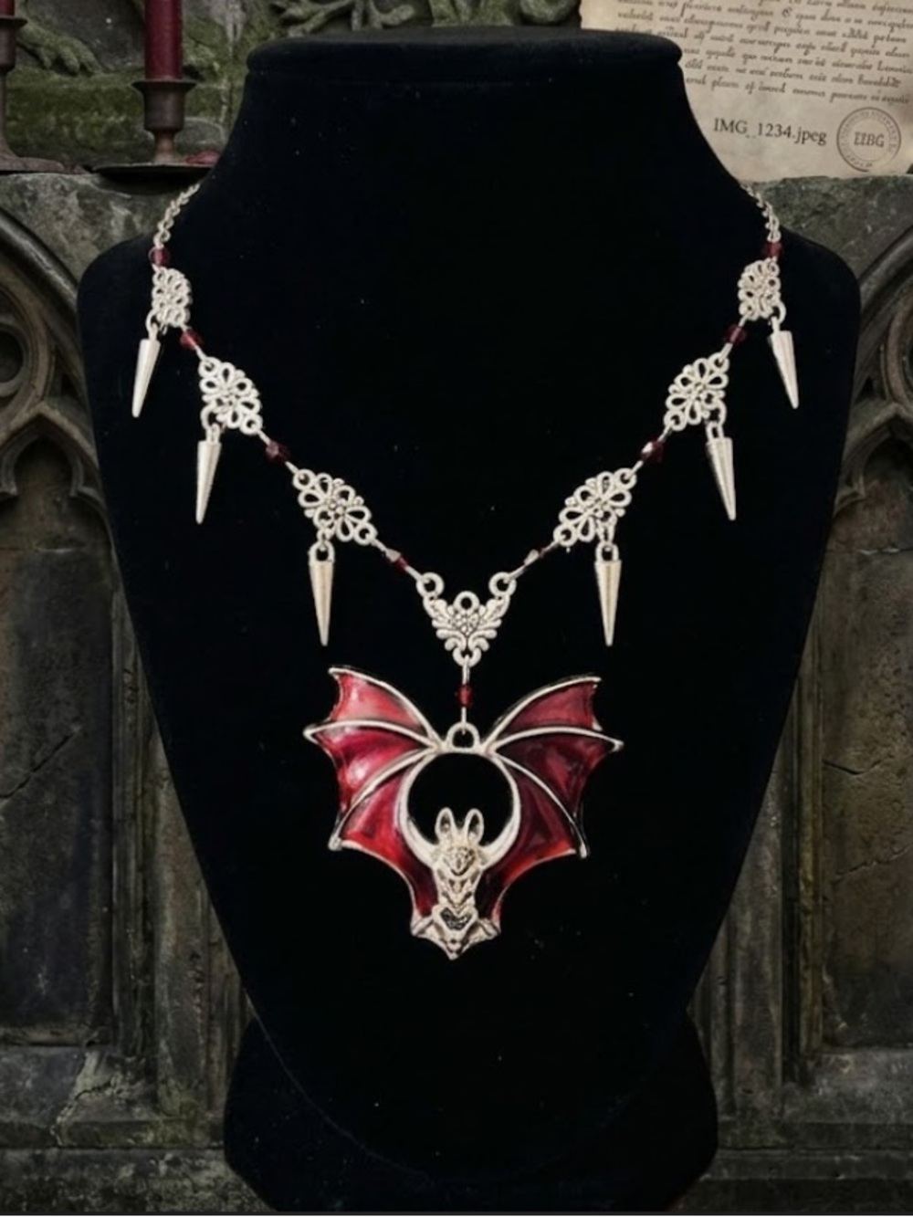 Hand Crafted Silver and Red Bat Pendant Necklace
